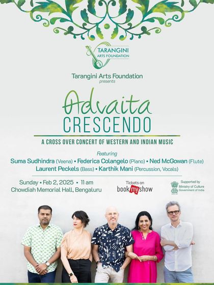 The official poster for 'Advaita Crescendo', a crossover concert of Western and Indian music at Chowdaiah Memorial Hall. Tickets are available on BookMyShow.