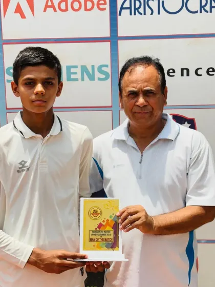 Hitharth Chaudhary receiving the Man of the Match award for his outstanding all-round performance in the U-16 tournament.