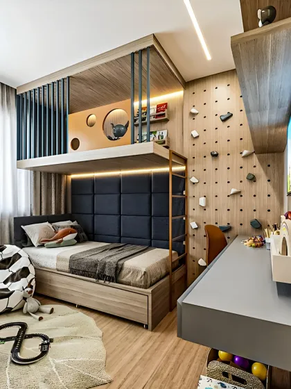 We designed this multi-functional kids' bedroom to maximize a compact space. It includes a loft bed with a play area, an integrated study desk, a rock-climbing wall for fun, and a backlit headboard, proving that small rooms can still be full of adventure.