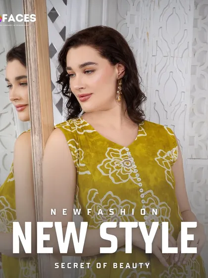 This shot features a model in a yellow printed top, her reflection caught in a mirror. This creative composition adds depth and is perfect for an editorial-style fashion shoot.