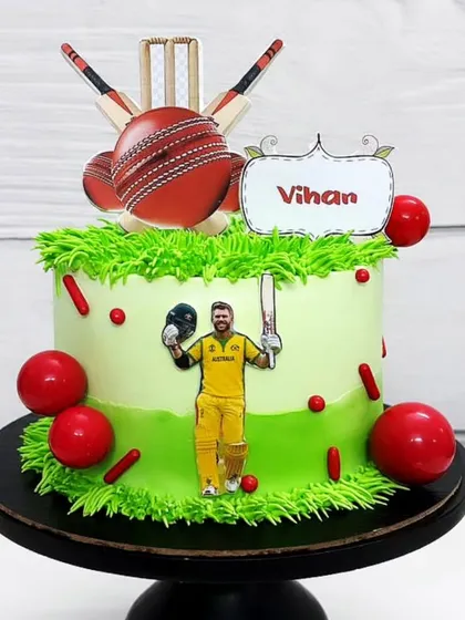 A cricket-themed cake for a David Warner fan, complete with a pitch, ball, and wickets. Perfect for smashing some sweet sixes.