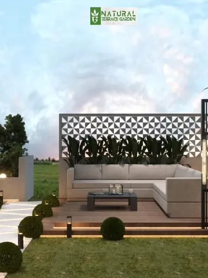 A proposed L-shaped seating deck with a decorative screen for the Vikaspuri terrace.