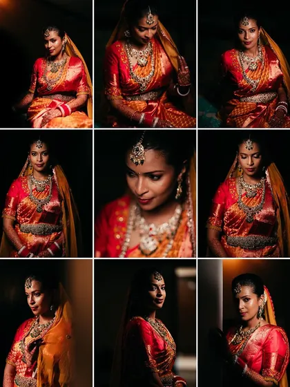 A grid collage of a bride's portraits, showcasing her radiant beauty and intricate wedding attire in dramatic lighting.