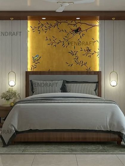 Another example of a tropical-themed bedroom, this time using a vibrant yellow wallpaper with a bird and branch motif to create a cheerful and artistic statement wall.