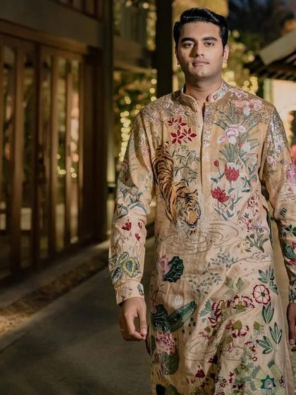 A solo shot of groom Mohnish in his Rahul Mishra kurta. He knew exactly what he wanted, and my job was to find the perfect complementary look for his bride.