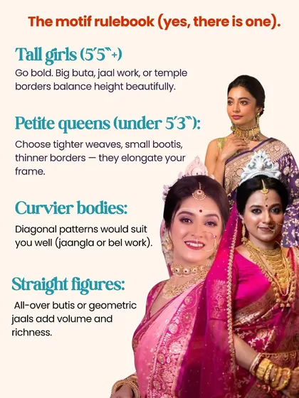 Yes, there is a motif rulebook. This guide gives tips on choosing the right size and style of motifs, like buta or jaal work, to best flatter your body type, whether you are tall, petite, or curvy.