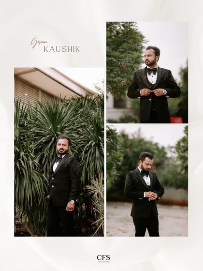 A collage of the groom in his sharp black tuxedo. These outdoor portraits capture his confident and classic style before the reception.