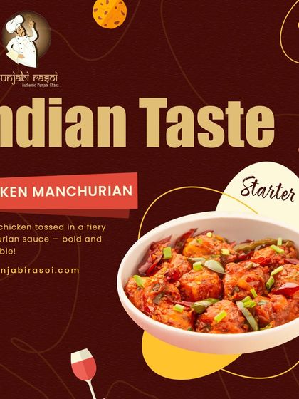 This graphic highlights our Chicken Manchurian starter, a crispy and fiery dish that is bold and irresistible.