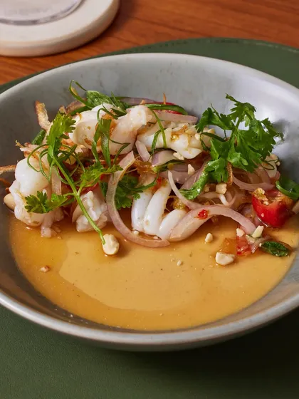 A still shot of the Seafood Nam Jim Salad, a popular and unique offering from our limited edition brunch menu.