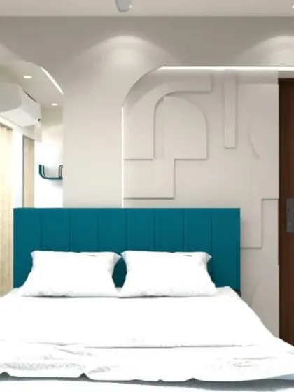 This concept for a kids' room features a bold teal headboard and modern wall paneling.