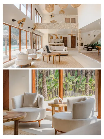 This composite image highlights the main living area and a close-up of the plush, curved armchairs. It emphasizes my focus on both grand architectural statements and the fine details of furniture selection for ultimate comfort.