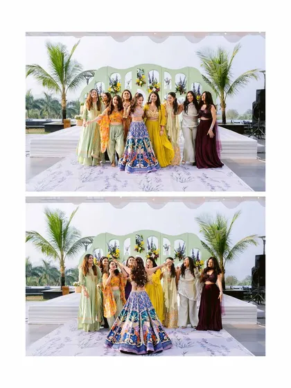 The bride and her bridesmaids pose in front of a unique 'love lock' booth at their carnival-themed wedding in Nashik.