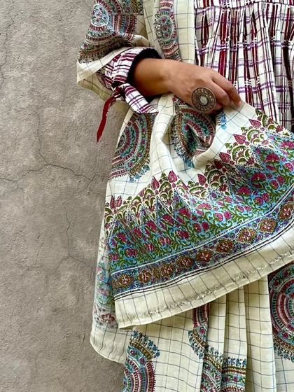 A participant at our saree revival workshop, showcasing a beautifully draped and overprinted saree. These workshops are a wonderful way to give beloved heirlooms a new lease of life.