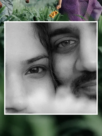 An intense black and white close-up of the couple's eyes, conveying a deep sense of connection and intimacy.
