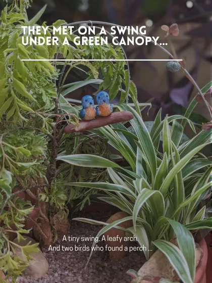 Two little birds, meeting on a swing tucked under a leafy canopy. I love creating these small stories that you can place in your garden, adding a touch of romance and quiet joy to your plants.