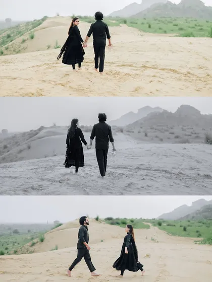 A sequence of shots showing the couple walking and interacting in the sand dunes, with a mix of color and black and white for artistic effect.