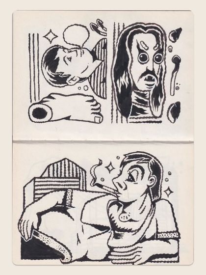 This sketchbook page features various surreal and expressive character concepts, drawn with a bold, high-contrast ink style.