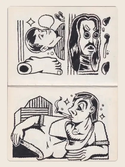 This sketchbook page features various surreal and expressive character concepts, drawn with a bold, high-contrast ink style.