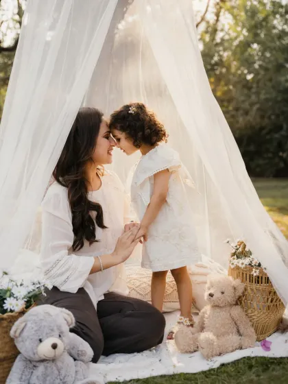 A sweet forehead-to-forehead moment between a mother and her daughter in their outdoor teepee.