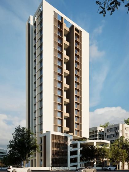 Another view of the residential tower, showcasing its slender profile against the sky. The design aims to transform the way we envision urban architecture by blending innovation with inspiration.