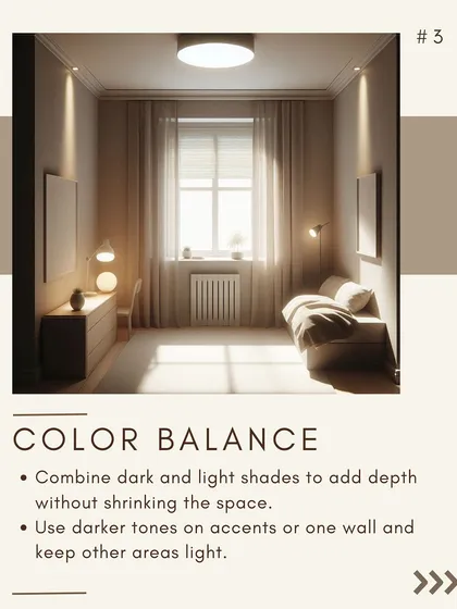Third, poor color balance. I use a mix of light and dark shades to add depth. An accent wall or dark furniture can ground a space without making it feel small.