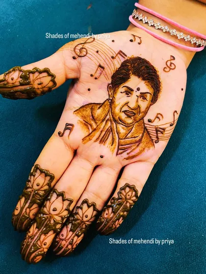 A portrait of the legendary singer Lata Mangeshkar, created as a tribute. This shows how I can create realistic portraits of famous personalities from a reference photo, surrounded by elements like musical notes that tell their story.