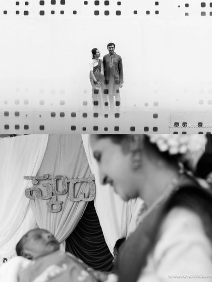 An artistic, black and white perspective on a naming ceremony. This collage combines a minimalist portrait of the parents with a soft-focus shot of the mother and baby, emphasizing emotion and composition.