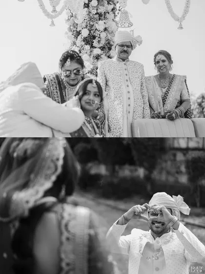 A father blesses his daughter, while the groom playfully makes a heart sign to his bride. This black and white diptych perfectly captures the blend of solemn emotion and lighthearted joy.