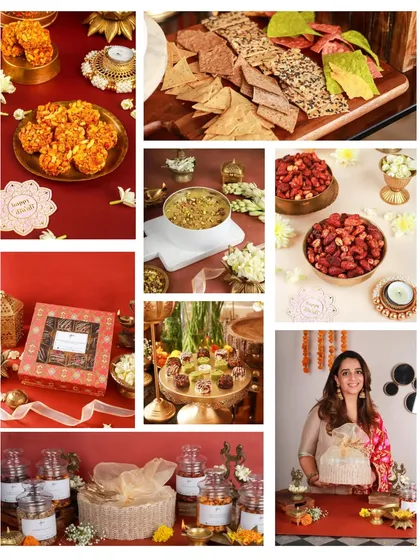 A collage showcasing our savory and pantry offerings for Diwali. From crunchy nut clusters and assorted crackers to our beautiful gift hampers, we have something for every taste.