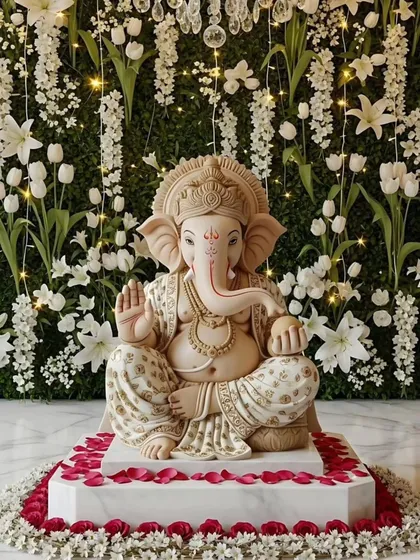 A pristine and elegant Ganpati decor featuring a backdrop of white lilies and tulips against a green wall. The scattered red rose petals on the white marble base provide a beautiful pop of color.