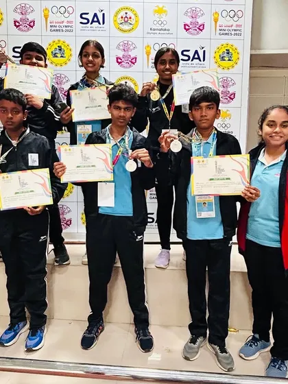 Our academy's medal winners from the Karnataka 3rd Mini Olympic Games 2024. We are proud of our Air Rifle teams for securing gold, silver, and bronze medals.