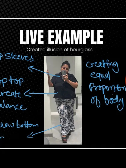 This is a live example of how I help clients with a rectangular body shape create the illusion of an hourglass figure. By using drop sleeves, a crop top, and narrow bottom pants, we create balance and proportion, highlighting your natural shape in a flattering way.