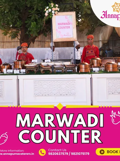 Beyond Maharashtra, we bring the vibrant tastes of other regions to your celebration. This is our Marwadi food counter, complete with traditional attire and authentic dishes like dal baati churma.