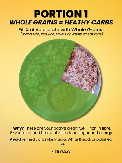 Part 1 of my healthy plate formula: Fill a quarter of your plate with healthy whole grains like brown rice, red rice, or millets. This is your body's clean fuel, rich in fiber to stabilize energy.
