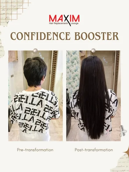 This back view of the same client highlights the incredible volume and length that can be achieved. Our extensions are double-drawn, meaning they are thick from top to bottom for a luxurious and healthy appearance.