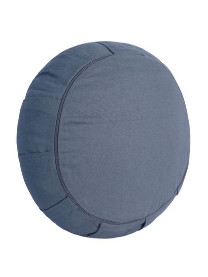 A blue-grey yoga cushion, shot upright to display its color and side details.