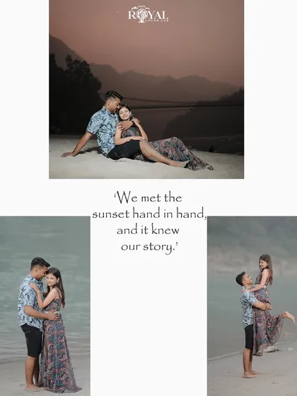 A collage of a couple at sunset by the river, featuring romantic poses and a beautiful quote about their story.