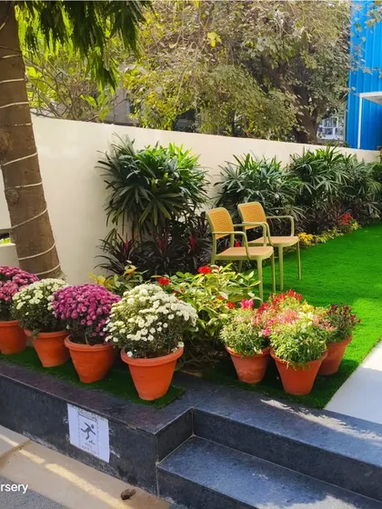 A cozy seating corner in a garden, featuring potted chrysanthemums on a raised platform next to a neat patch of artificial grass.