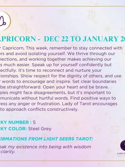 A weekly tarot reading for Capricorn. This week, remember to stay connected with others and nurture your relationships, speaking your truth with respect.