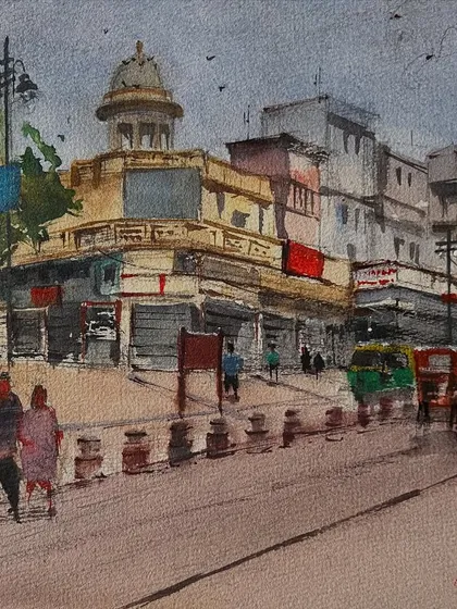 A watercolor painting of the Town Hall area in Chandni Chowk, Old Delhi. I clicked this photo during a sketching trip and later painted it in my studio to capture the bustling street scene.