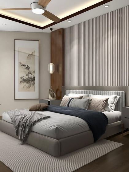 A serene bedroom featuring warm wooden accents, louvered panels, and soft fabrics. The design balances clean, modern lines with a sense of warmth and comfort, creating an inviting personal retreat.