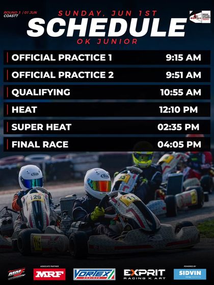 The final day schedule for the OK Junior class, featuring a full day of practice, heats, and the final race.