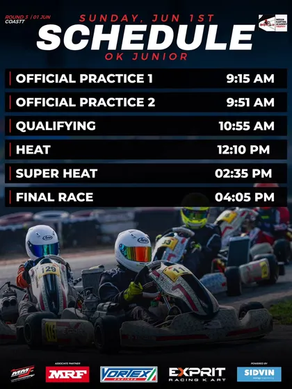 The final day schedule for the OK Junior class, featuring a full day of practice, heats, and the final race.