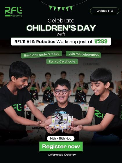 Celebrate Children's Day with our hands-on AI & Robotics workshop. This poster encourages parents to register their child for a day of building, coding, and fun.