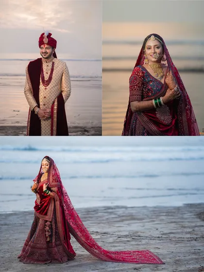 A collage of a bride and groom's portraits on the beach, with the bride's long veil creating a dramatic effect against the sand.