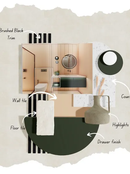 A mood board for a powder room, featuring a dark green vanity, textured wall tiles, and brushed black trim. The composition balances color, texture, and modern forms.