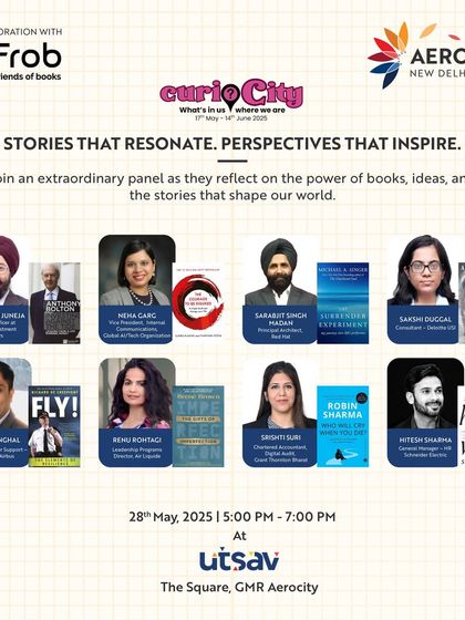 "Stories that resonate. Perspectives that inspire." A poster for a panel discussion at Utsav, showcasing a diverse group of authors and thought leaders reflecting on the power of books and ideas.