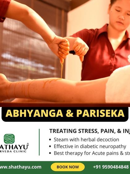 This image shows the application of Abhyanga and Parisheka on the lower leg. This treatment is particularly effective for improving circulation and reducing the nerve pain associated with diabetic neuropathy.
