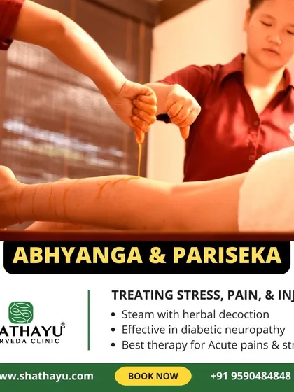 For stress, pain, and injury, I recommend Abhyanga and Pariseka. This therapy involves a stream of herbal decoction poured over the body, which is effective for relieving acute pain, strain, and even diabetic neuropathy.