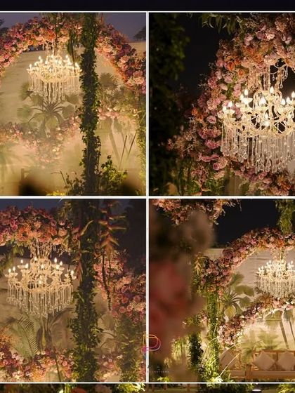 A collage showing the different angles and moods of the heart-shaped floral arch setup, from wide shots to detailed close-ups.
